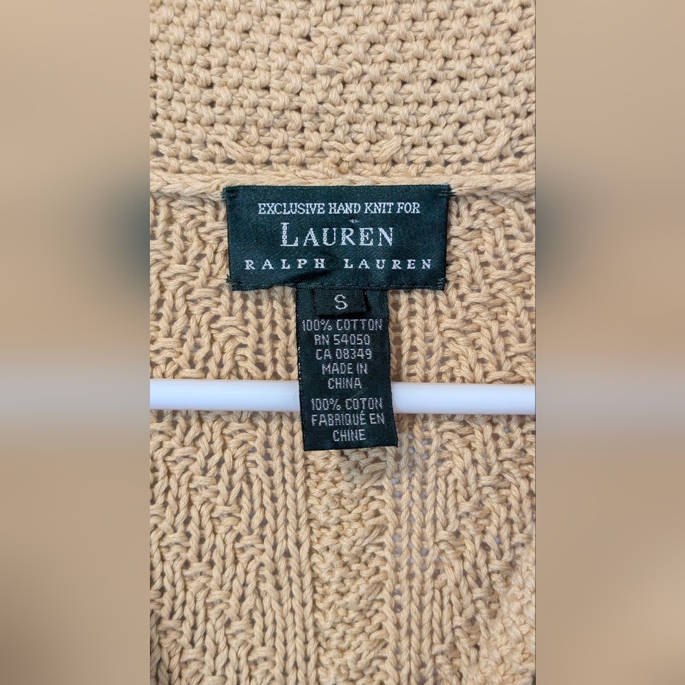Ralph Lauren Womens Cardigan Small Yellow Chunky Cable Knit Cotton Sweater MOP - Picture 4 of 6